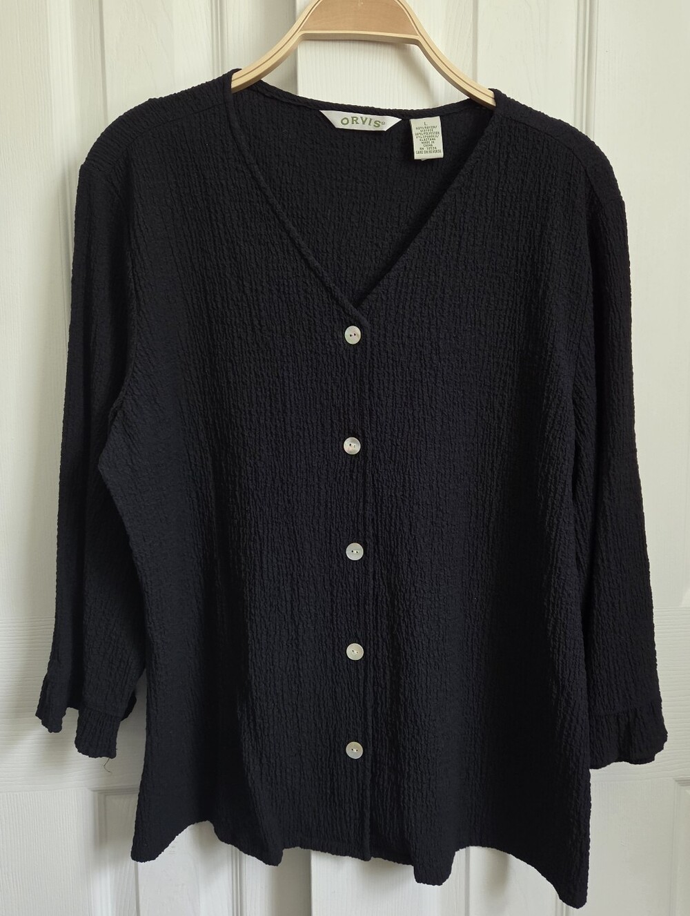 Orvis Black Crinkle Texture V-Neck Button-Down Top 3/4 Sleeve Ruffle Cuff, Large